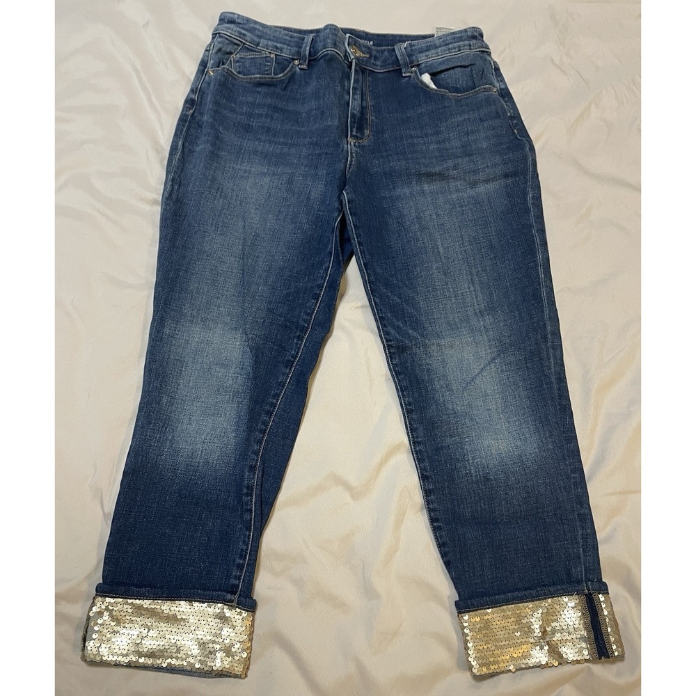 Chico's boyfriend ankle Jean Women's  Blue Sz 8P Chicos Embellished Cuff‎